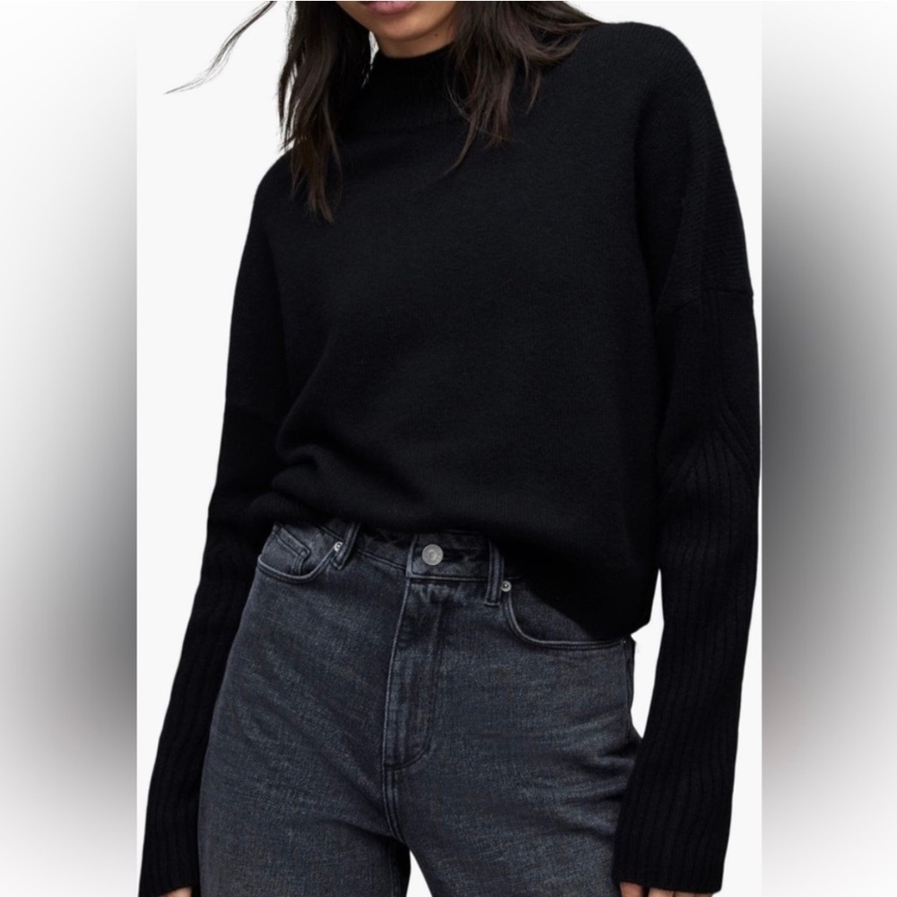 AllSaints Orion Cash Jumper Cashmere Sweater Black Mock Neck Women's Size S 2‎